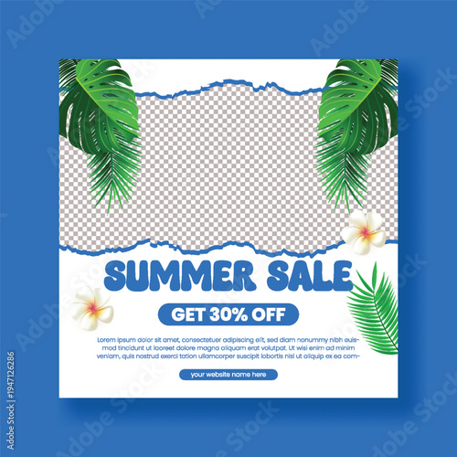 Trendy summer sale flyer template, social media poster design, tropical beach and pool party banner, holiday vacation promotional ad, summer elements vector illustration, seasonal marketing