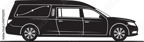 Black hearse vehicle side profile with white decorative line on window also transparent background funeral car
