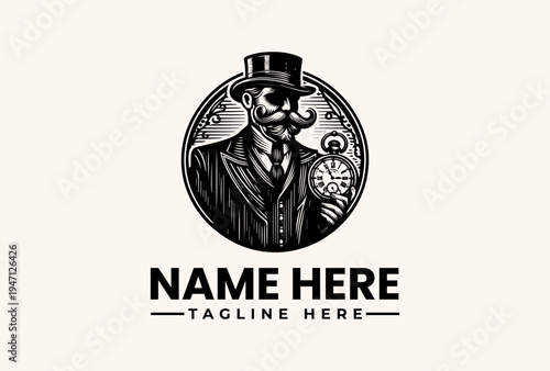 Black and white vector illustration of a man in a suit and top hat, holding a flower, within a circular logo design with decorative elements and space for a name and tagline on a plain