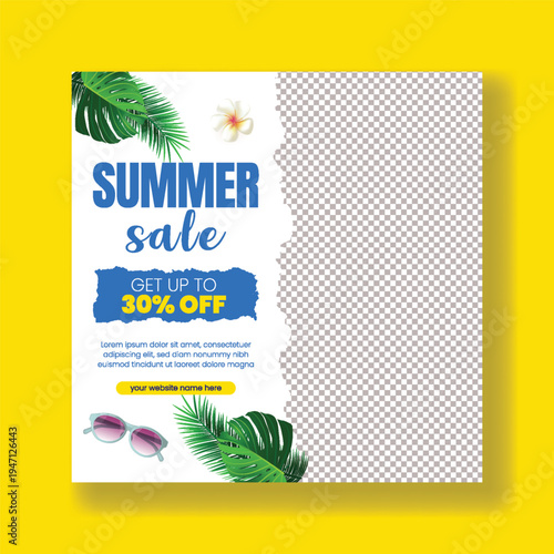Summer holiday vacation promotional poster, tropical pool and beach party flyer template, social media square banner design, summer sale advertisement, seasonal marketing design, summer elements vecto