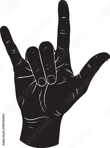 Black silhouette of a hand making the i love you sign language gesture on a white background also transparent background