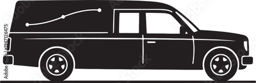 Black silhouette of a hearse with an open back displaying a casket and a decorative line also transparent background