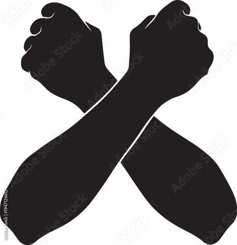 Black silhouette of two crossed fists on a white background also transparent background