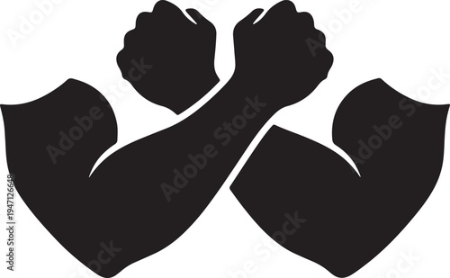 Black silhouette of two crossed muscular arms with clenched fists on a transparent background also transparent background