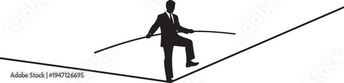 Silhouette of a businessman in a suit walking a tightrope with a balancing pole also transparent background