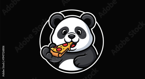 Cartoon panda eating pizza on black background