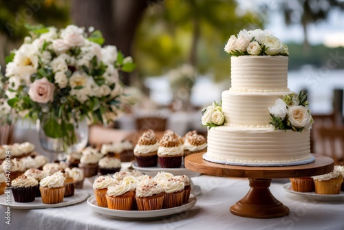 Wedding cake and cupcakes on outdoor dessert table