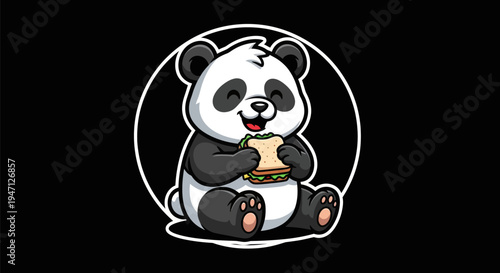 Cartoon panda eating sandwich on black