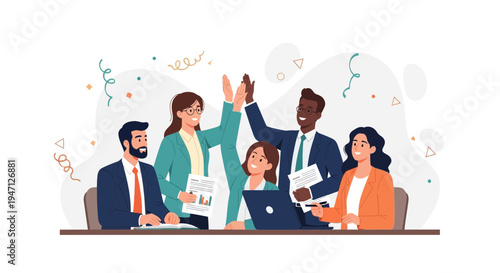 Diverse business team celebrating success with high fives and confetti