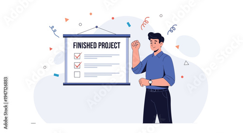 Man Celebrating Finished Project with Checklist on Whiteboard, Success Concept
