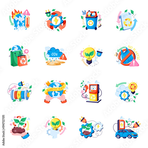 Set of Ecology Flat Illustrations 