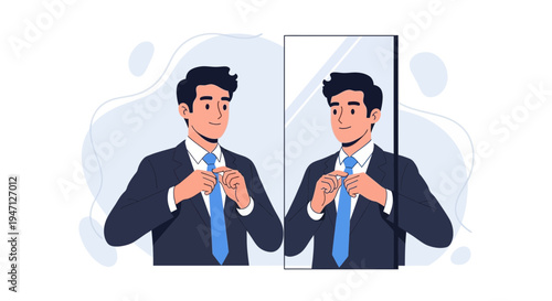 Man in Suit Tying Blue Tie in Front of Mirror, Business Professionalism