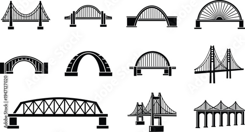 Set of Diverse Bridge Icon Silhouettes: Essential Infrastructure Elements for Architectural, Engineering, and Urban Design Projects
