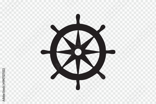 Black and white nautical ship wheel icon with transparent background