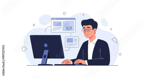 Man working on computer, graphic design, web development concept