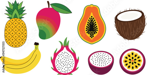 Tropical Fruit Vector Set Featuring Pineapple, Banana, Papaya, Mango, Coconut, Dragon Fruit and Passion Fruit Colorful Healthy Food Illustration