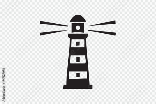A black and white illustration of a lighthouse with beams of light