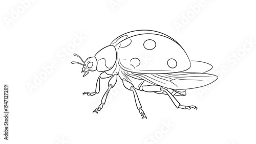 Detailed black and white line drawing of a ladybug shown from a side perspective highlighting its shell and tiny legs.