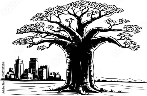 Giant Baobab Tree Stands Tall Beside Modern City Skyline in Black and White africa