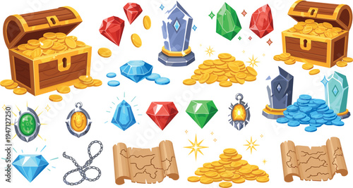 Fantasy treasure collection with gold coins, gem crystals, treasure chests, magic artifacts and ancient map adventure game vector illustration set