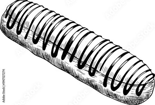 Hand Drawn Black and White of a Chocolate Glazed Eclair Pastry White Background icing