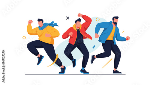 Three energetic men in colorful jackets and scarves running forward in a dynamic marathon or race illustration.