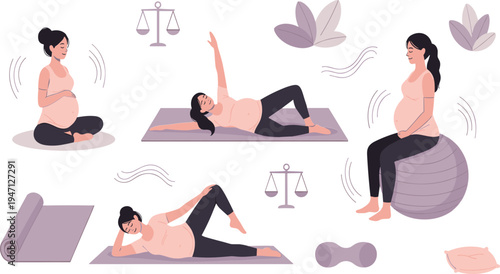 Pregnancy Fitness and Prenatal Yoga Exercise Vector Illustration Set with Pregnant Woman Practicing Stretching, Balance Training and Healthy Maternity Workout