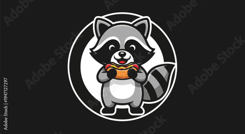 Cartoon raccoon holding hot dog icon