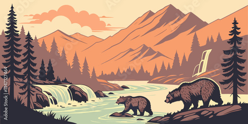 USA, US, U.S, United States - Katmai National Park Sunrise – Bears Fishing at Waterfalls Amid Rugged Alaska Wilderness Panorama in the United States