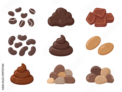 Set of cartoon brown including coffee beans chocolate candies and poop piles