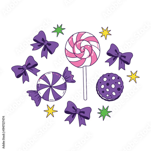 Colorful candy and bows illustration