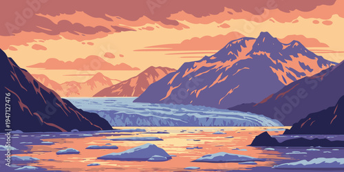 USA, US, U.S, United States - Kenai Fjords National Park Sunset – Glaciers, Icy Ocean Fjords, and Dramatic Alaskan Wilderness Panorama in the United States