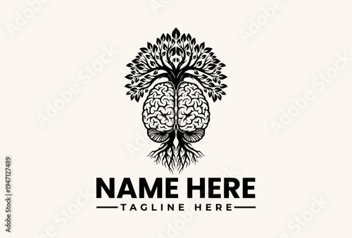 Black and white illustration of a tree growing out of a brain with roots, forming a logo with space for a name and tagline on a plain background.