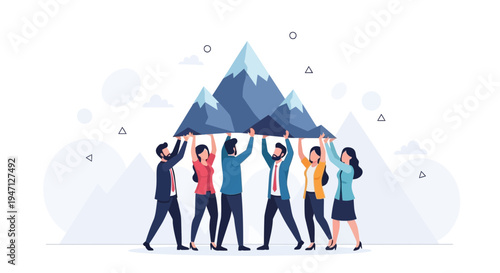 Teamwork carrying mountain, business success, collaboration, support, achieving goals