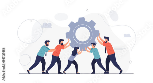 Teamwork pushing gear, business collaboration, synergy, success, strategy, partnership