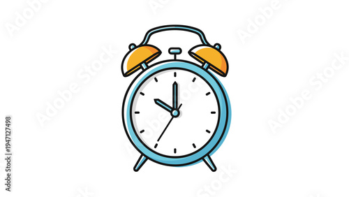 Classic blue alarm clock with two bells and a white face showing the time around ten o'clock for wake up calls.