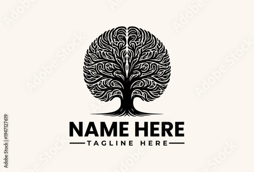 A black and white illustration of a stylized tree logo with a placeholder name and tagline on a clean background, featuring a vector graphic design with an icon and pictogram elements.