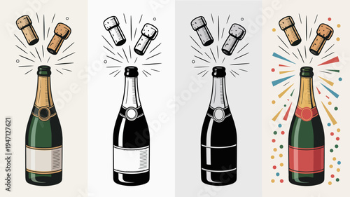 A vibrant illustration showcases champagne bottles popping transitioning from full color to grayscale and finally back to color with festive sparkles high quality professional detailed modern