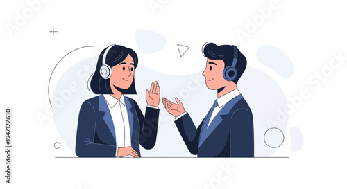 Customer Service Teamwork: Colleagues with Headsets High-Fiving, Business Illustration