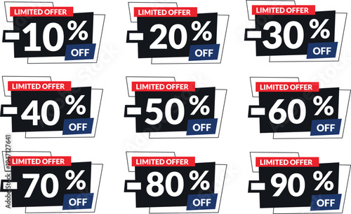 Set of discount offer tags for various percentages off with limited time promotion