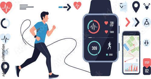 Smart Fitness Tracker and Running App Concept Vector Illustration with Athlete, Smartwatch Health Monitoring, Heart Rate, Steps Counter and GPS Map
