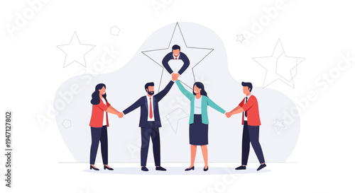 Teamwork success: Business people forming a human pyramid to reach a star