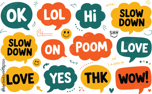Colorful Speech Bubbles with Positive and Expressive Words and Emojis text message