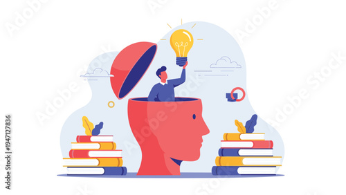 Man emerging from an open head silhouette holding a glowing lightbulb of inspiration next to stacks of books.