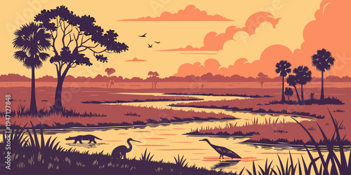 USA, US, U.S, United States - Everglades National Park Sunset – Wetlands, Wildlife Marsh, and Serene Subtropical Panorama in the United States