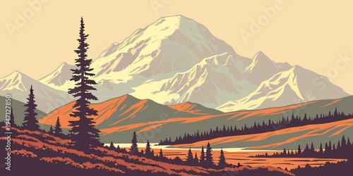 USA, US, U.S, United States - Denali National Park Sunrise – Towering Snowy Peaks and Vast Alaskan Wilderness Panorama in the United States