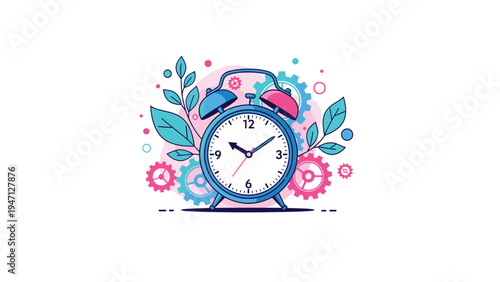 Decorative alarm clock with gears and leaves representing time management productivity and a balanced work life schedule.