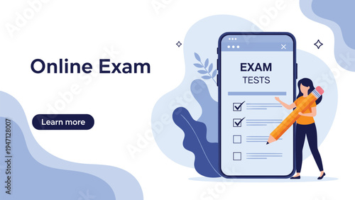 Online exam concept with a woman marking a checklist on a giant smartphone screen for e learning and certification.