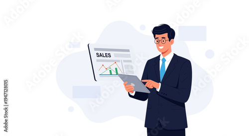 Businessman analyzing sales report on tablet with charts and graphs