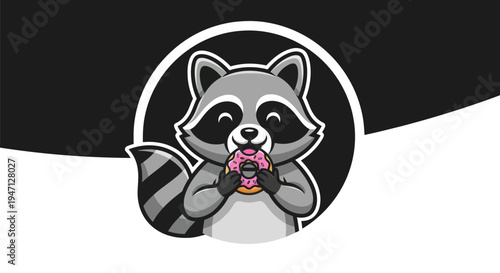 Cartoon raccoon eating donut in monochrome circle